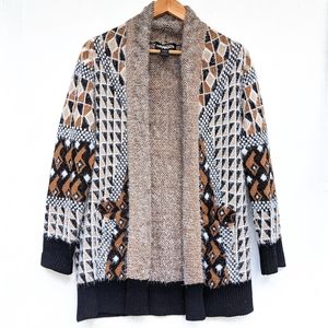 OLIVER Tribal Aztec Southwestern Open Front Eyelash longline Cardigan Sweater